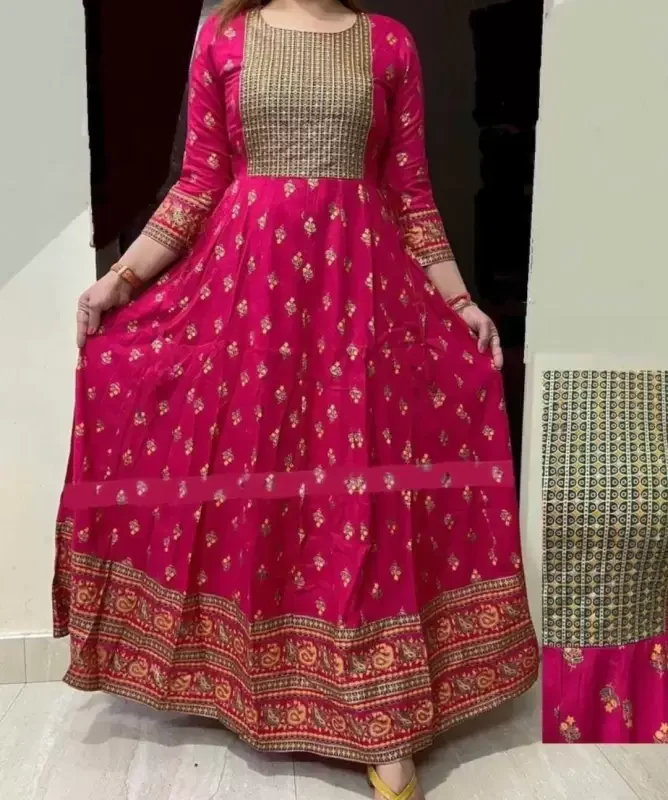 Printed Viscose Rayon Stitched Anarkali Gown (Pink)