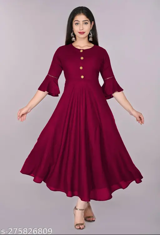 Ultra Women's Solid Round Flared Bell Sleeves Kurti (Maroon)