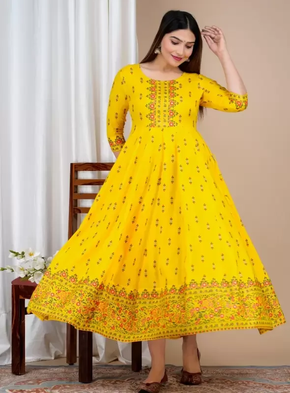 Women Applique Viscose Rayon Anarkali Kurta (Yellow)