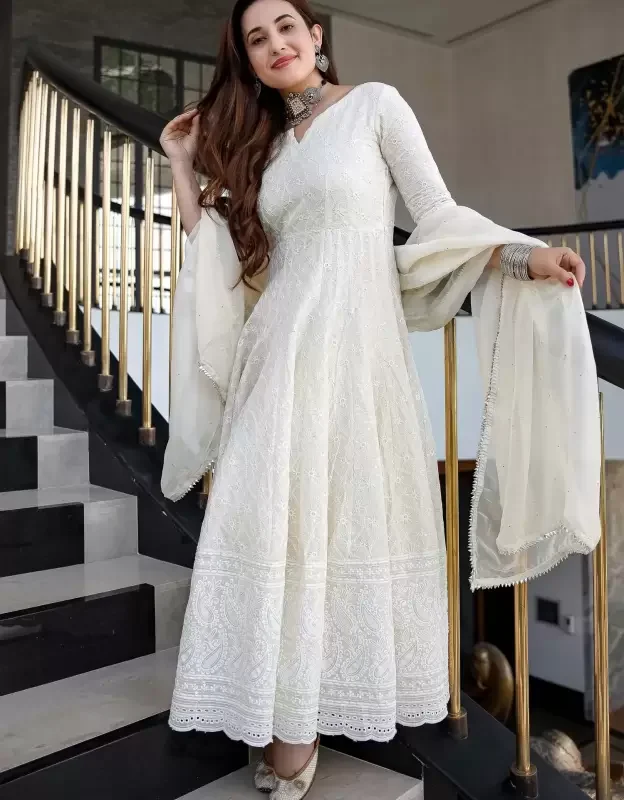 Women Chikan Embroidery Cotton Blend Anarkali Kurta With Attached Dupatta