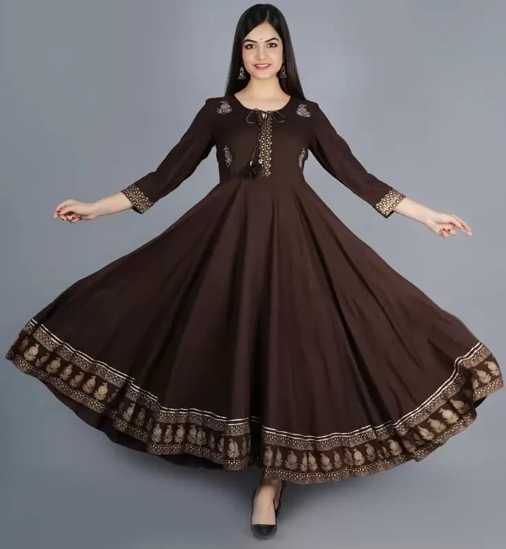 Women Embroidered Viscose Rayon Anarkali Kurta (Brown)