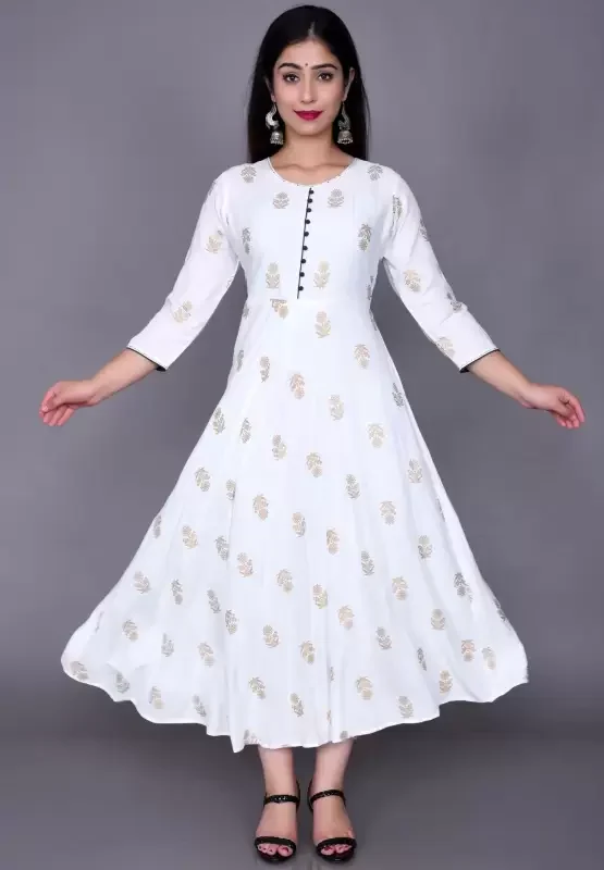 Women Floral Print Viscose Rayon Anarkali Kurta (White)