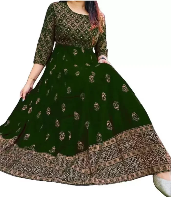 Women Printed Cotton Rayon Anarkali Kurta (Green)