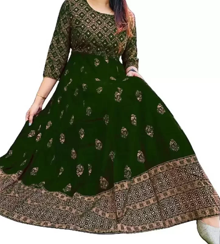 Women Printed Cotton Rayon Anarkali Kurta (Green)