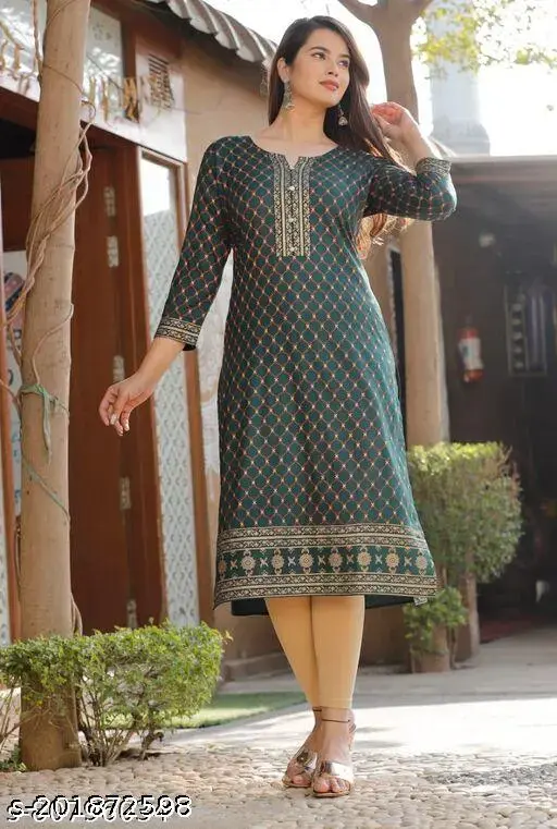 Women Printed Viscose Rayon A-line Kurta (Green)