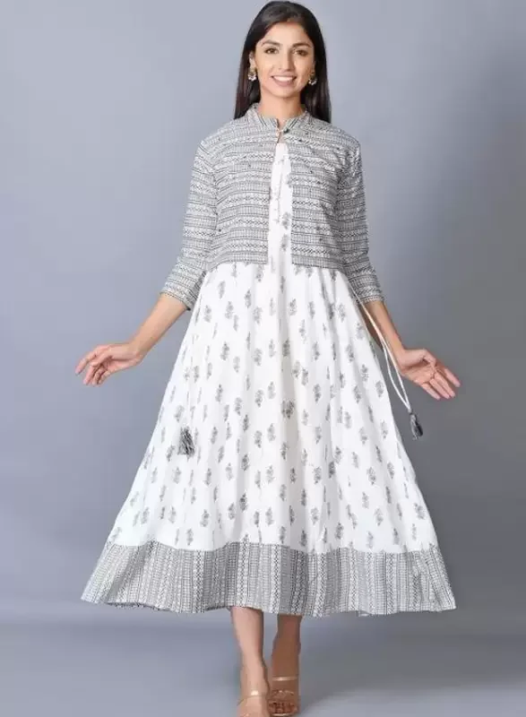 Women Printed Viscose Rayon Anarkali Kurta (White)