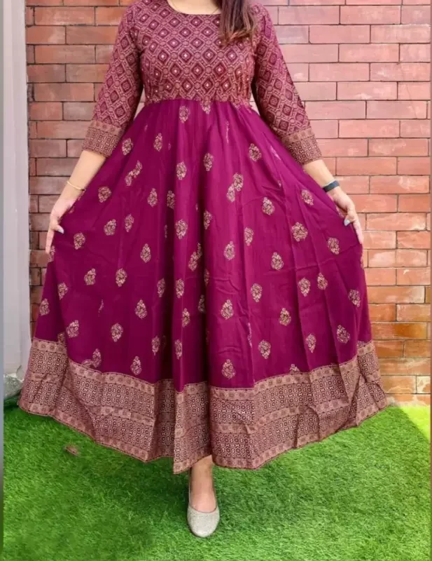 Women's Viscose Rayon Round Neck Traditional Floral Printed Anarkali Kurti